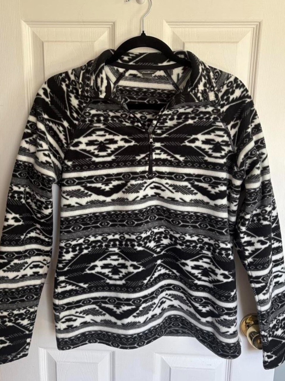 Eddie Bauer Black & White Geo-Pattern Fleece Pullover